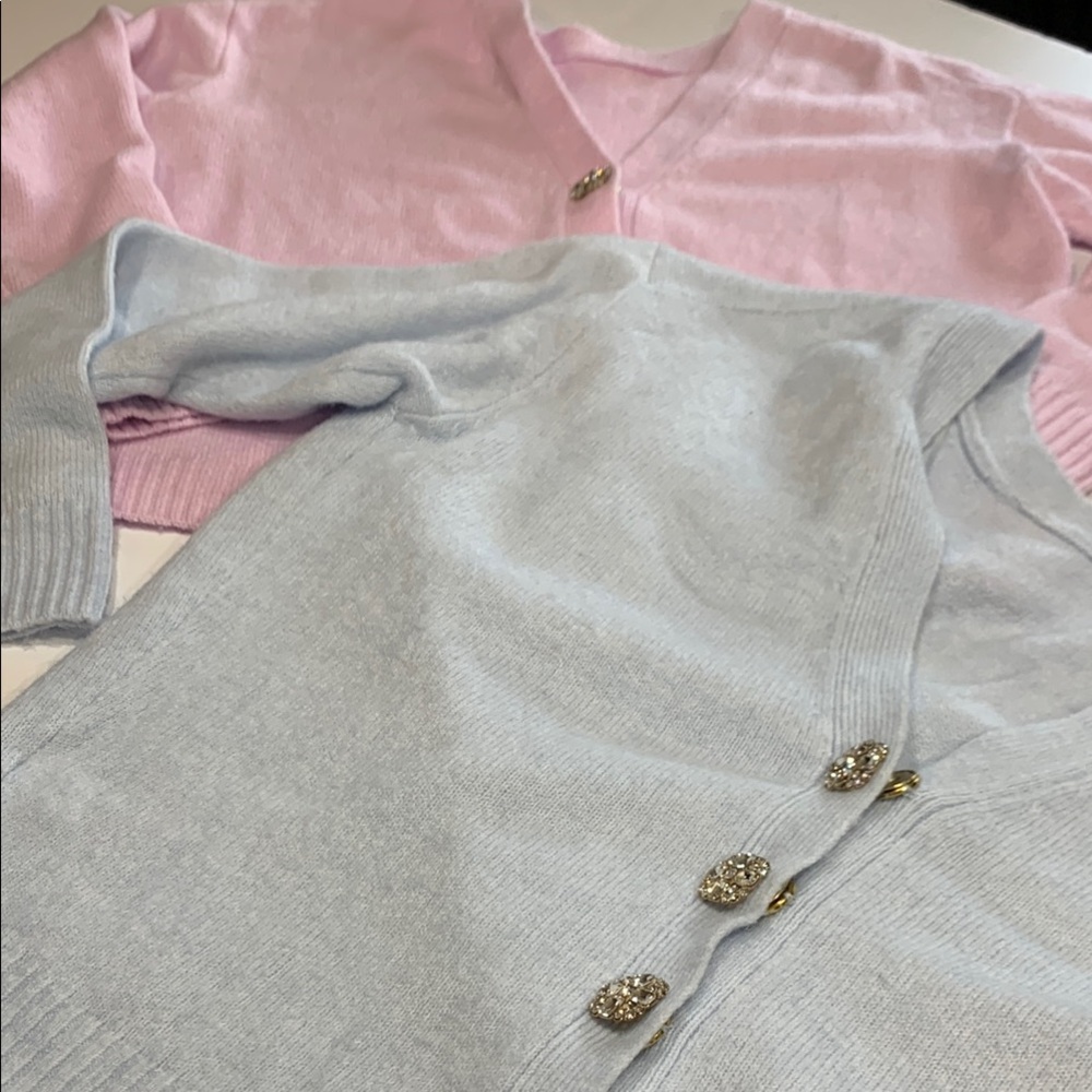 CeCe blue and pink bedazzled long sleeve sweater. (2)